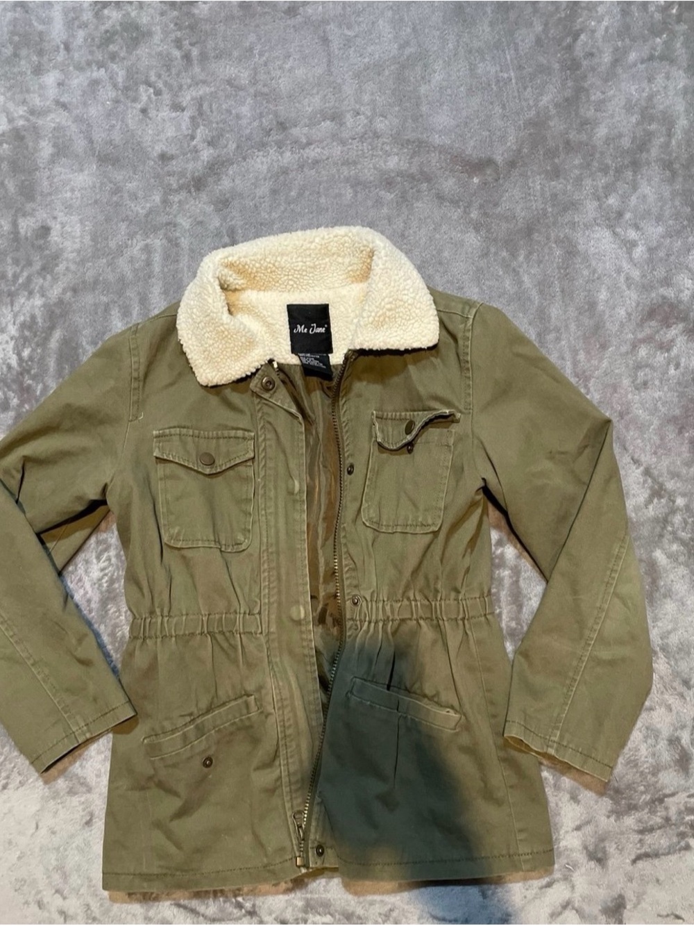 Kids Olive Utility Jean Jacket with Cream Sherpa Collar